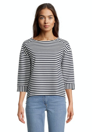 3/4 Sleeve Stripe Sweatshirt - Blue/cream