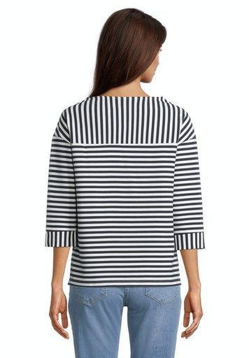 3/4 Sleeve Stripe Sweatshirt - Blue/cream