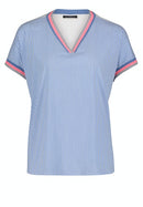 Short Sleeve Plain V Blouse - Light Blue/white