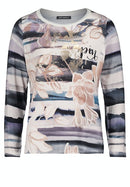 Bateau Neck Print Top - Beige/petrol