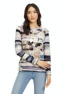 Bateau Neck Print Top - Beige/petrol