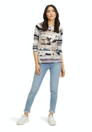 Bateau Neck Print Top - Beige/petrol