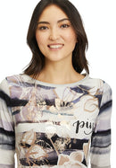 Bateau Neck Print Top - Beige/petrol