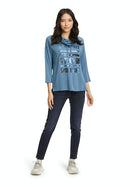 3/4 Sleeves Polo Neck Sweater - China Blue