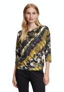 Cowl Neck 3/4 Sleeves Print T-Shirt - Black Khaki