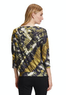 Cowl Neck 3/4 Sleeves Print T-Shirt - Black Khaki