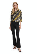 Cowl Neck 3/4 Sleeves Print T-Shirt - Black Khaki