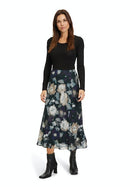 Floral Print Midi Skirt - Black/purple
