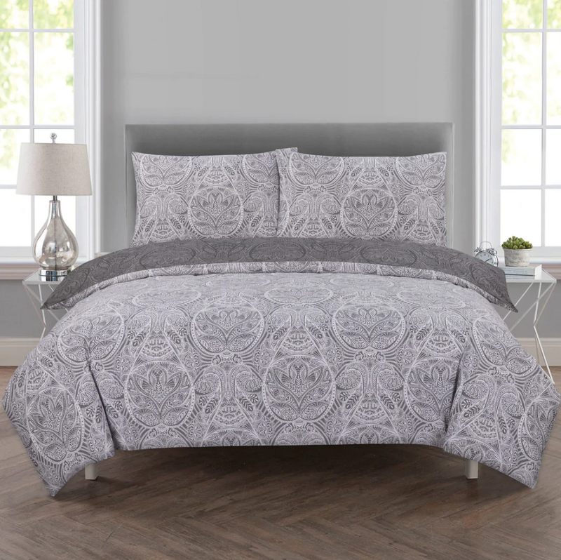 Paisley Damask Duvet Cover Set - Grey