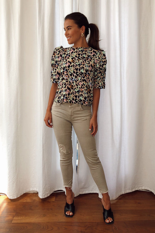 Asher Frill Sleeves Top - Green/lilac Spot