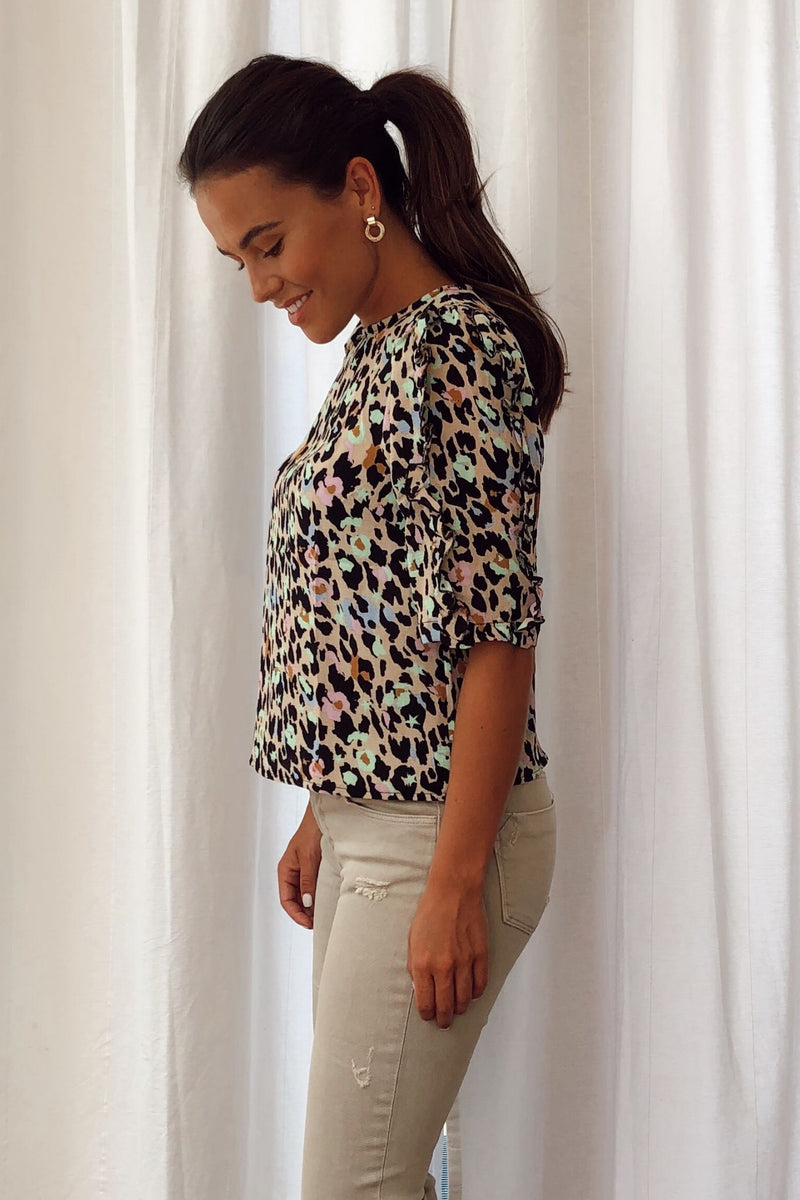 Asher Frill Sleeves Top - Green/lilac Spot