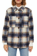 Hairy Wool Check Coat - Navy