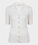 Rib Buttoned Polo Collar Top - Off White