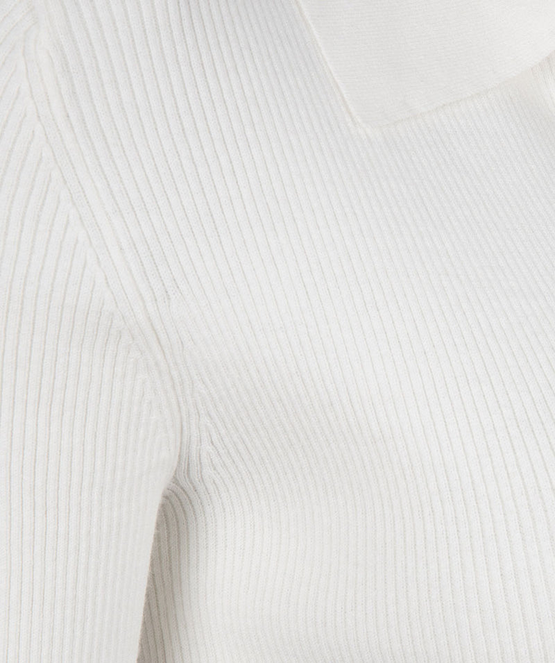 Rib Buttoned Polo Collar Top - Off White