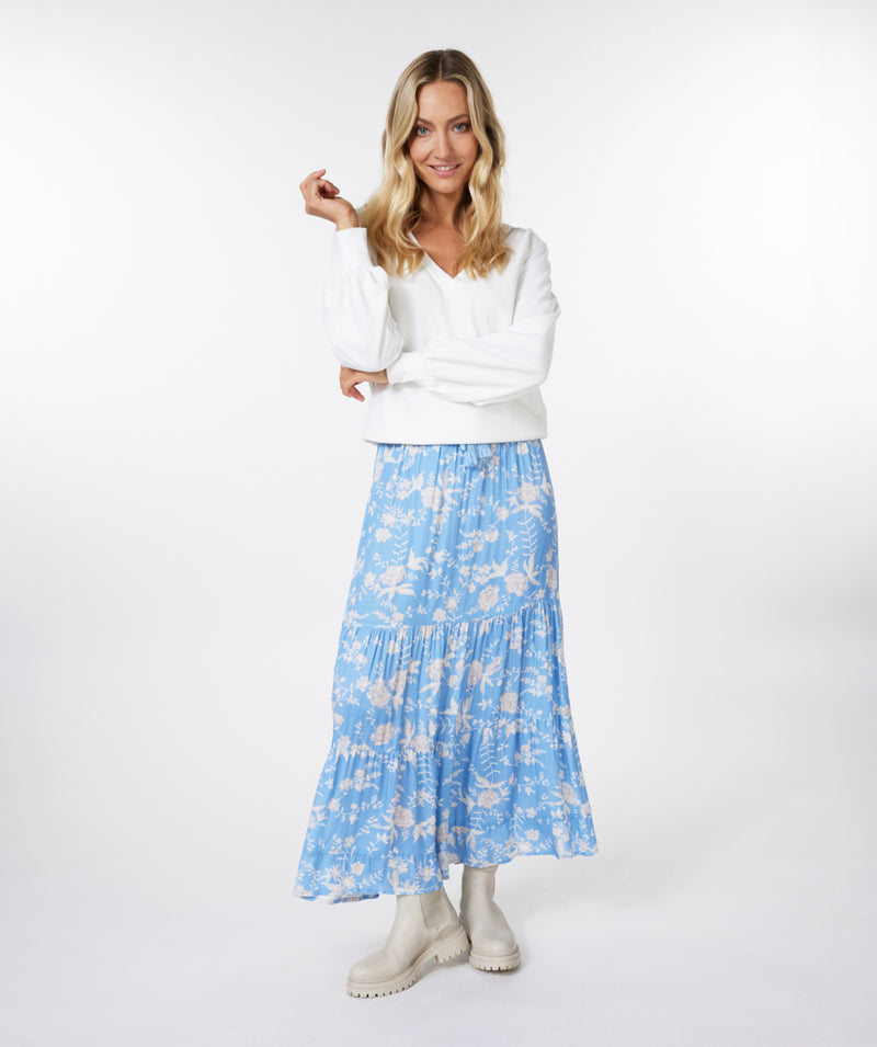 Blue Flower Print Skirt - Print