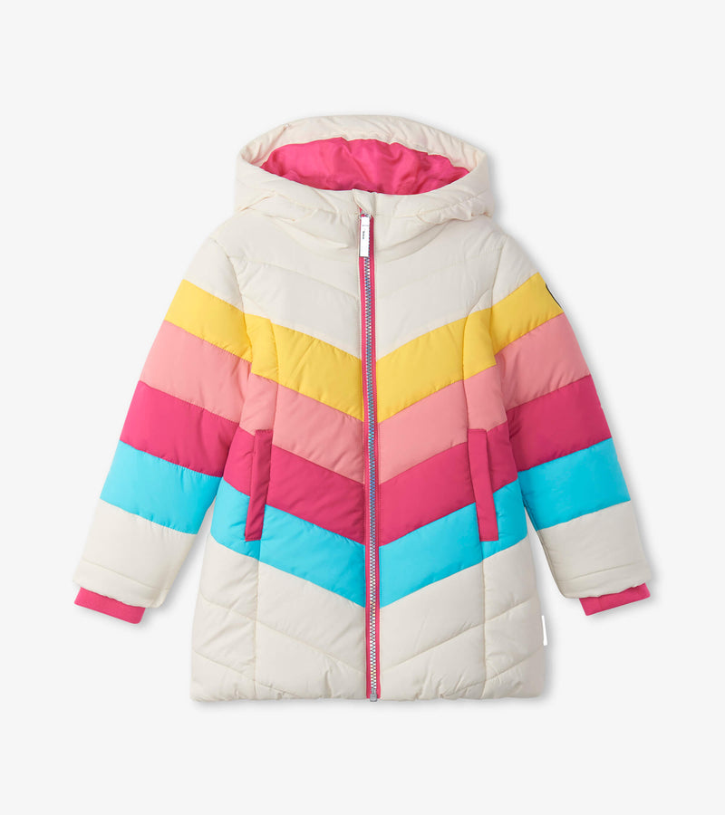 Retro Rainbow Stripes Puffer Jacket - Pink Yarrow