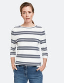 3/4 Sleeve Stripe Round Neck Jumper - Ecru/blue Hoops