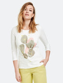 3/4 Sleeve Front Motif T-Shirt - Off White