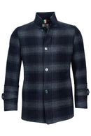 Wool Mix Check Coat - Dark Navy