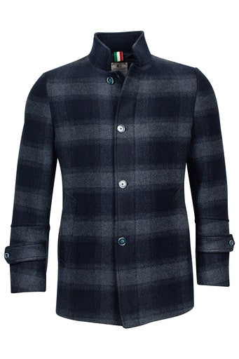 Wool Mix Check Coat - Dark Navy