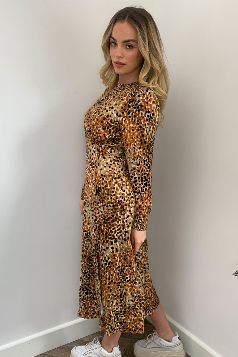 Nella Long Sleeve Midi Dress - Beige Spot