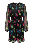 Rosa Long Sleeve Belt Dress - Black/Bright Roses