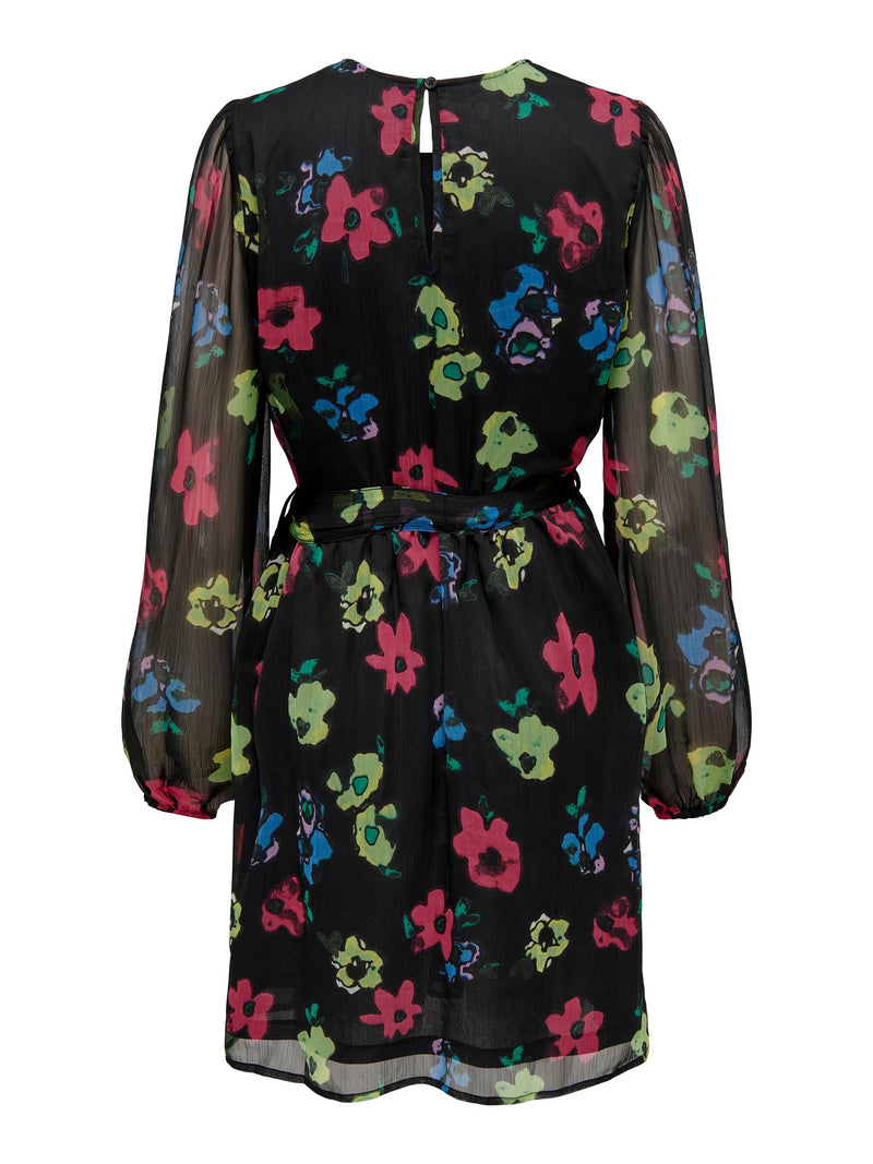 Rosa Long Sleeve Belt Dress - Black/Bright Roses
