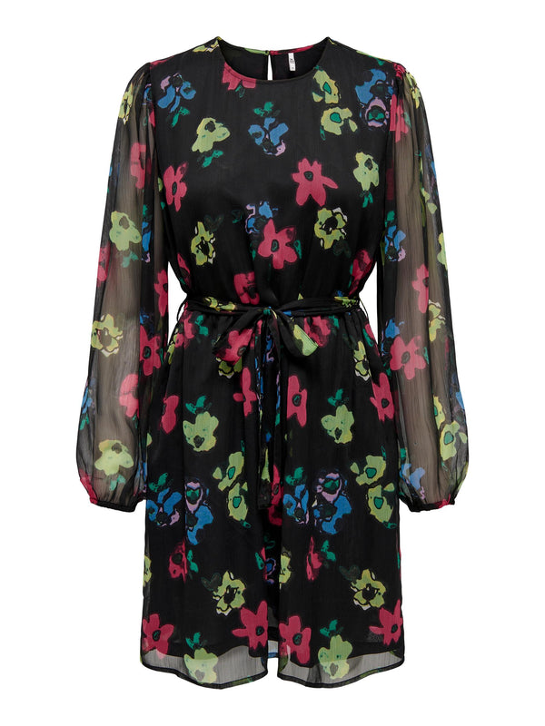 Rosa Long Sleeve Belt Dress - Black/Bright Roses