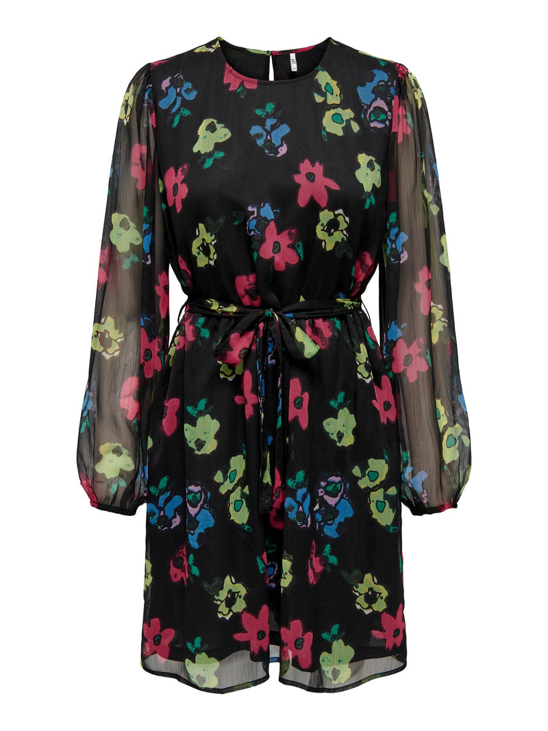 Rosa Long Sleeve Belt Dress - Black/Bright Roses