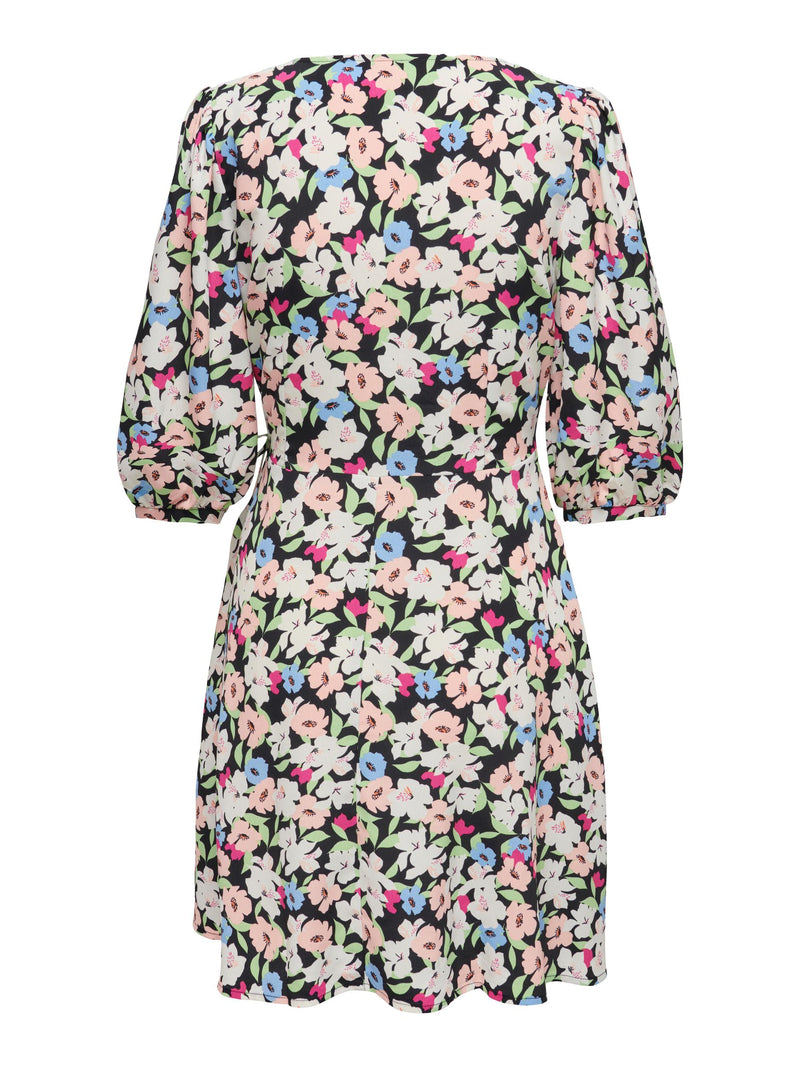 Lizzi 3/4 Sleeve Print Wrap Dress - Black/Pink