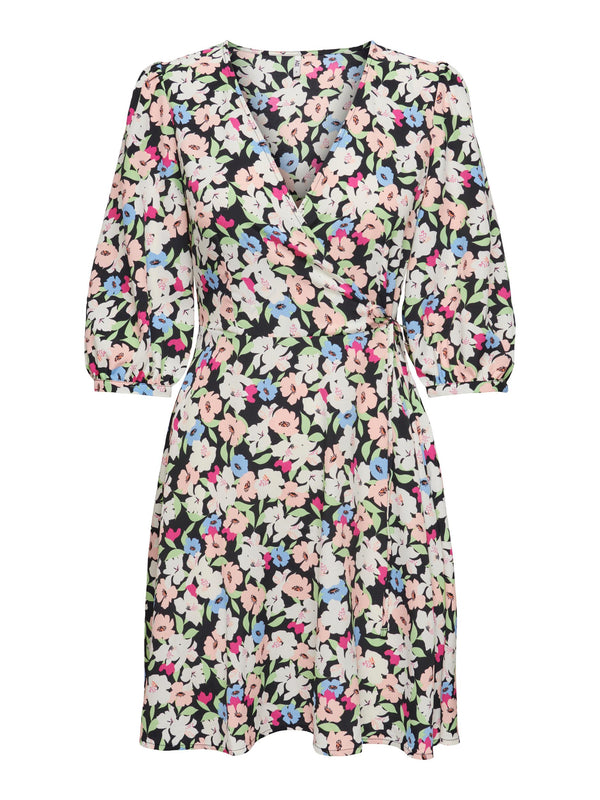 Lizzi 3/4 Sleeve Print Wrap Dress - Black/Pink
