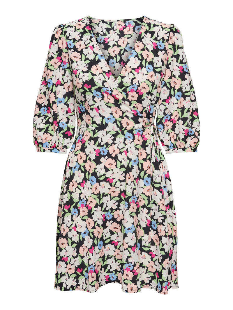 Lizzi 3/4 Sleeve Print Wrap Dress - Black/Pink