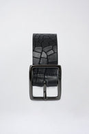 Crocodile Effect Leather Belt - Black