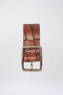 Crocodile Effect Leather Belt - Brown