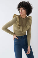 Lace Neckline T-shirt - Green