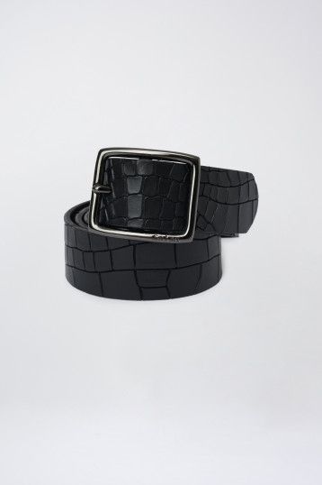 Crocodile Effect Leather Belt - Black