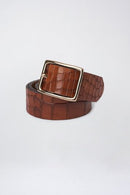 Crocodile Effect Leather Belt - Brown