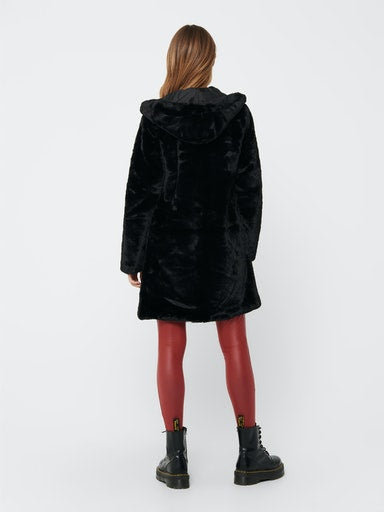 Long Faux Fur Hood Jacket - Black
