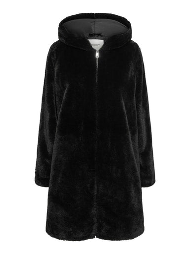Long Faux Fur Hood Jacket - Black
