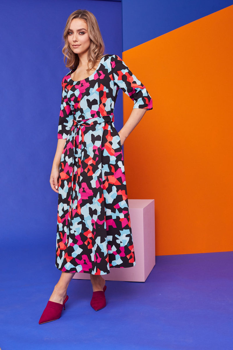 Geometric Print Dress - Blue/pink