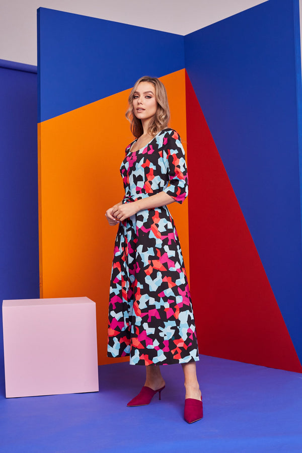 Geometric Print Dress - Blue/pink