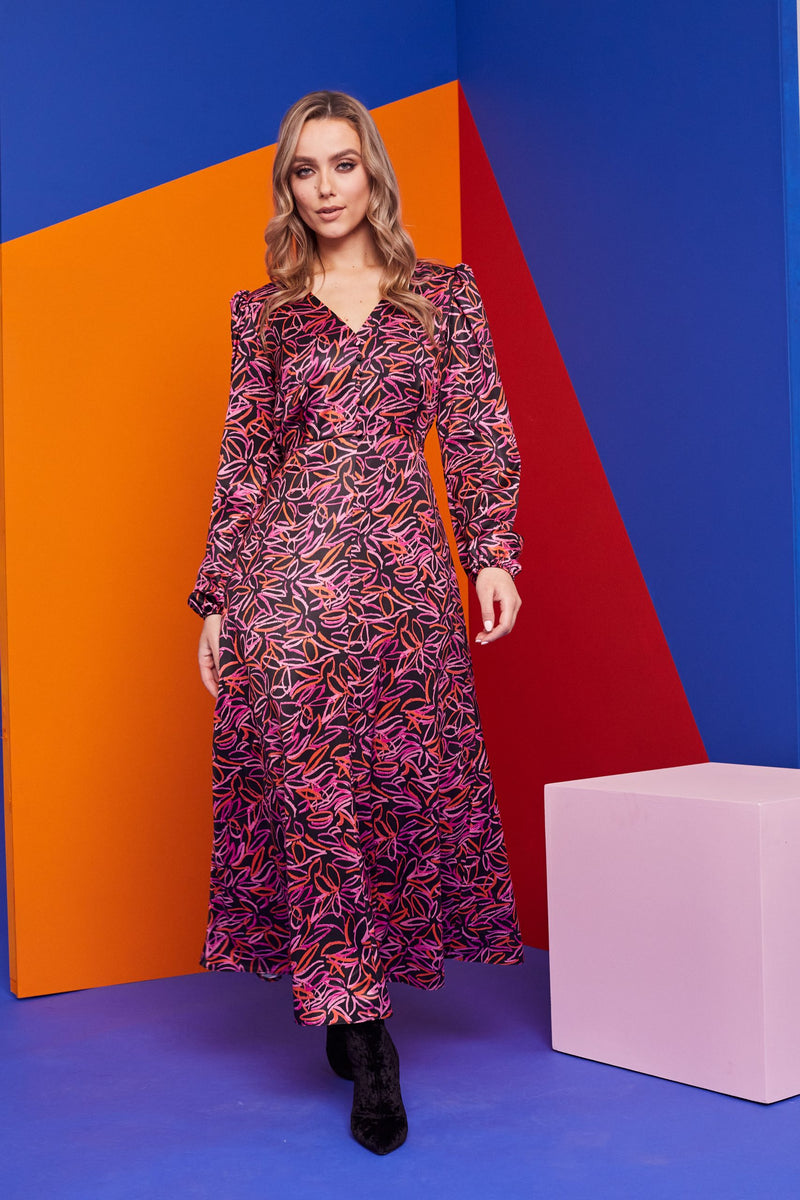 V Neck Print Dress - Pink/black