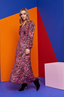 V Neck Print Dress - Pink/black