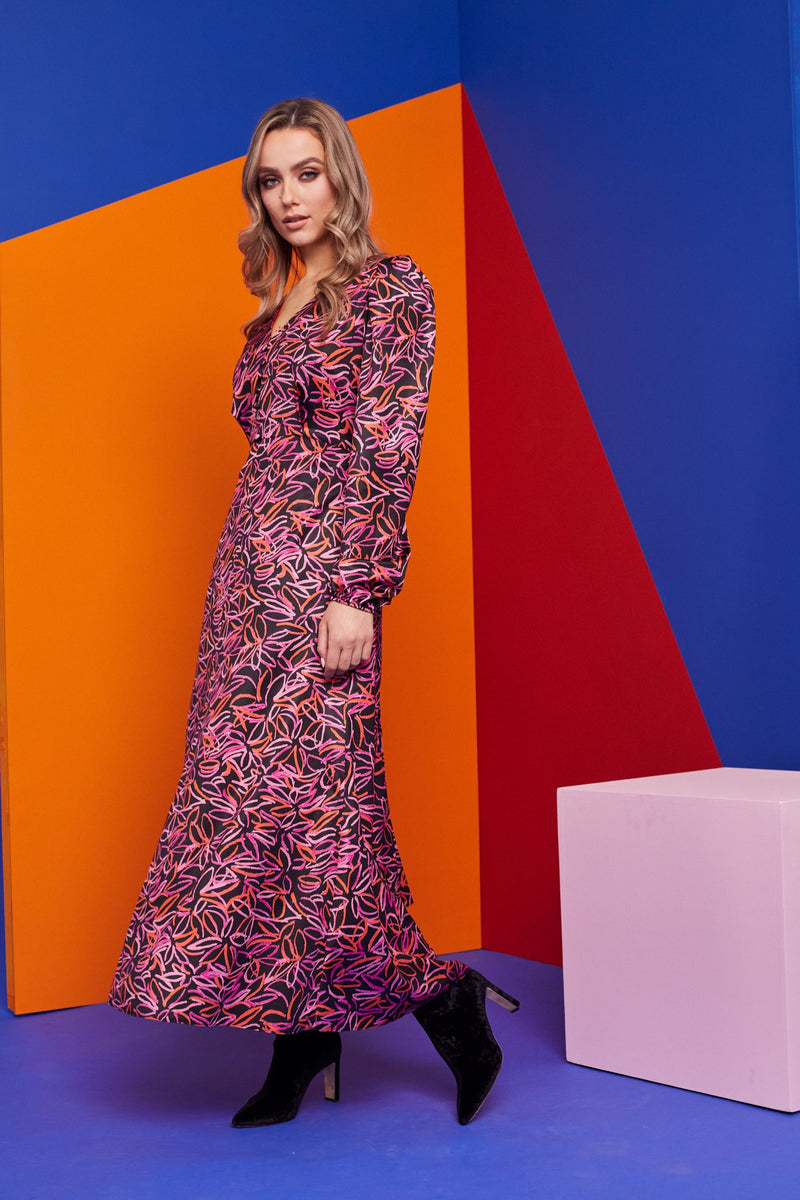 V Neck Print Dress - Pink/black