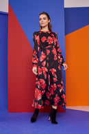 Gather Curve Waist Dress - Black/red