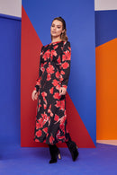 Gather Curve Waist Dress - Black/red