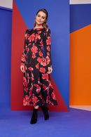 Gather Curve Waist Dress - Black/red