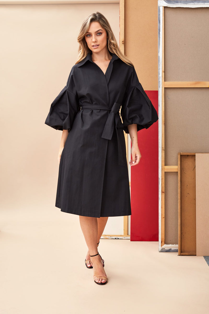 Bell Sleeve Wrap Coat - Black