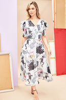 Print V Neck Dress - Black/white