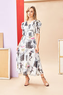 Print V Neck Dress - Black/white